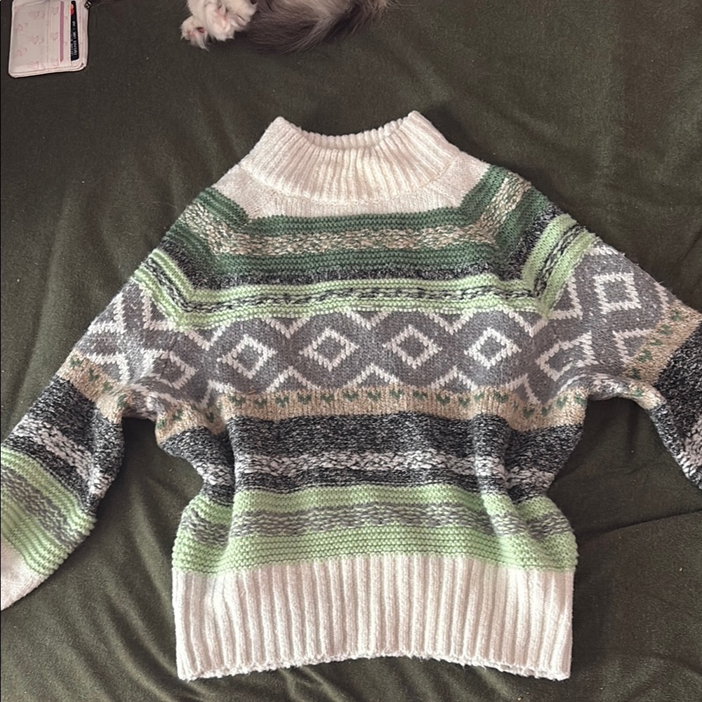 Madison Cowl Neck Sweater - Green, Gray, and Cream
